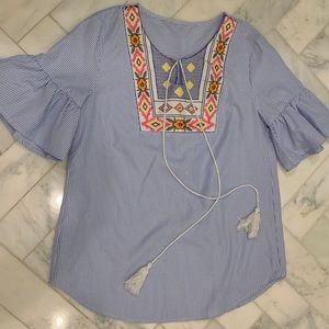 Blue striped tunic with embroidery